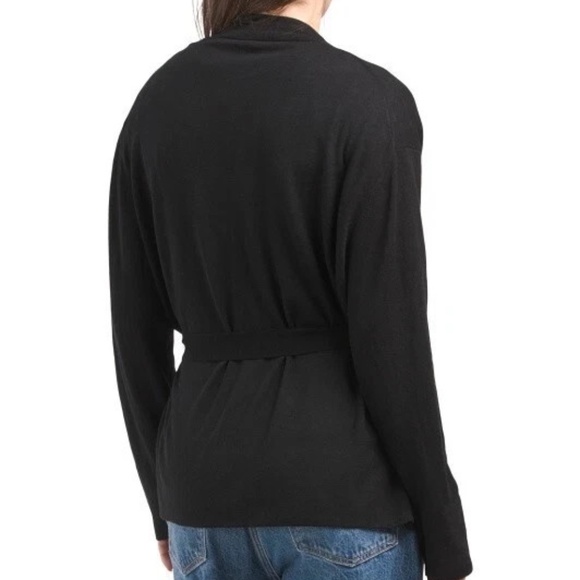 $425 Vince Wool Blend Belted Lightweight Cardigan in Black - Picture 2 of 6